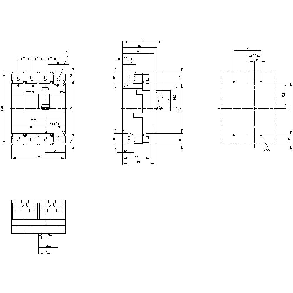 Technical drawing of an electrical device with multiple views and precise dimensional specifications in millimetres.