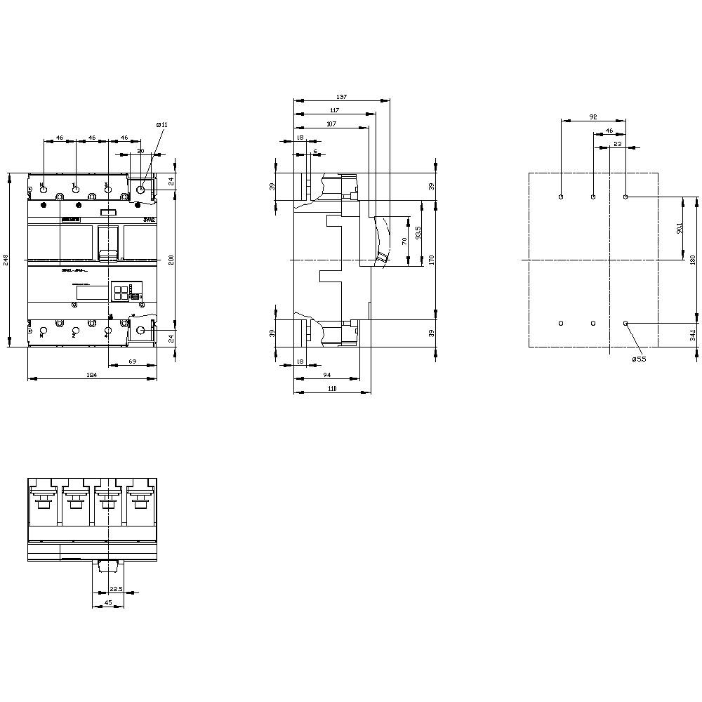 Technical drawing of an electrical switching device with front and side views, detailed dimensions provided.