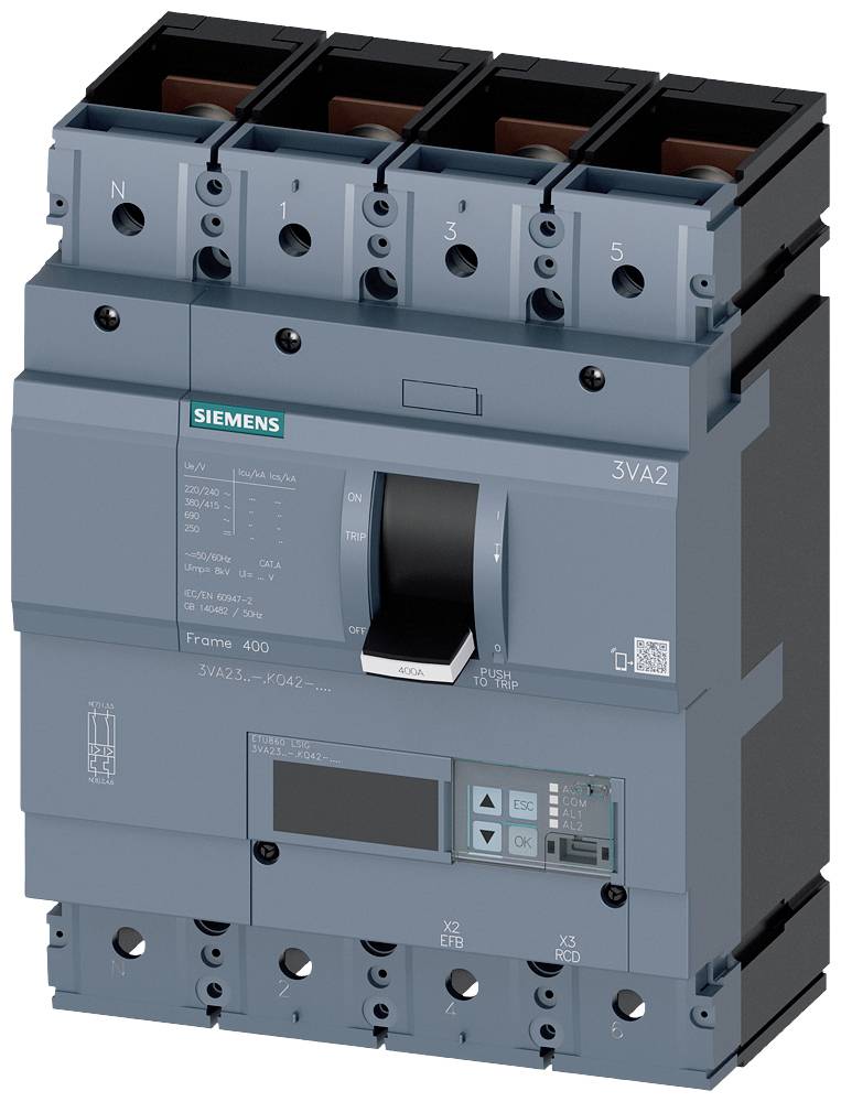 'Blue performance circuit breaker with Siemens logo, Model 3VA2. Multiple connection points visible on top, display and control elements at the bottom.'
