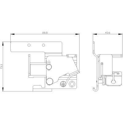 Technical drawing of a mechanical component with dimensions: Width 101.8 mm, Height 73.3 mm, Depth 43.6 mm. Side and front view.