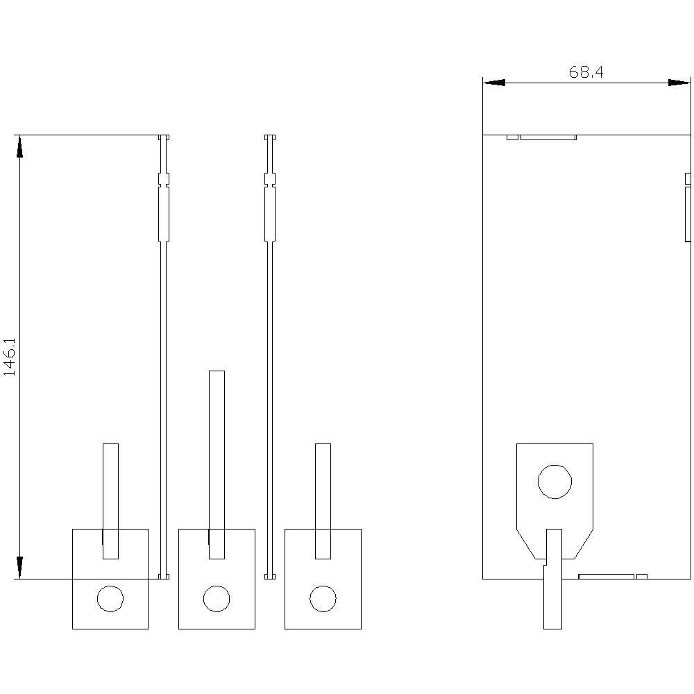 Drawing of a mechanism with three side views and a front view. The dimensions are 146.1 and 68.4 indicated.