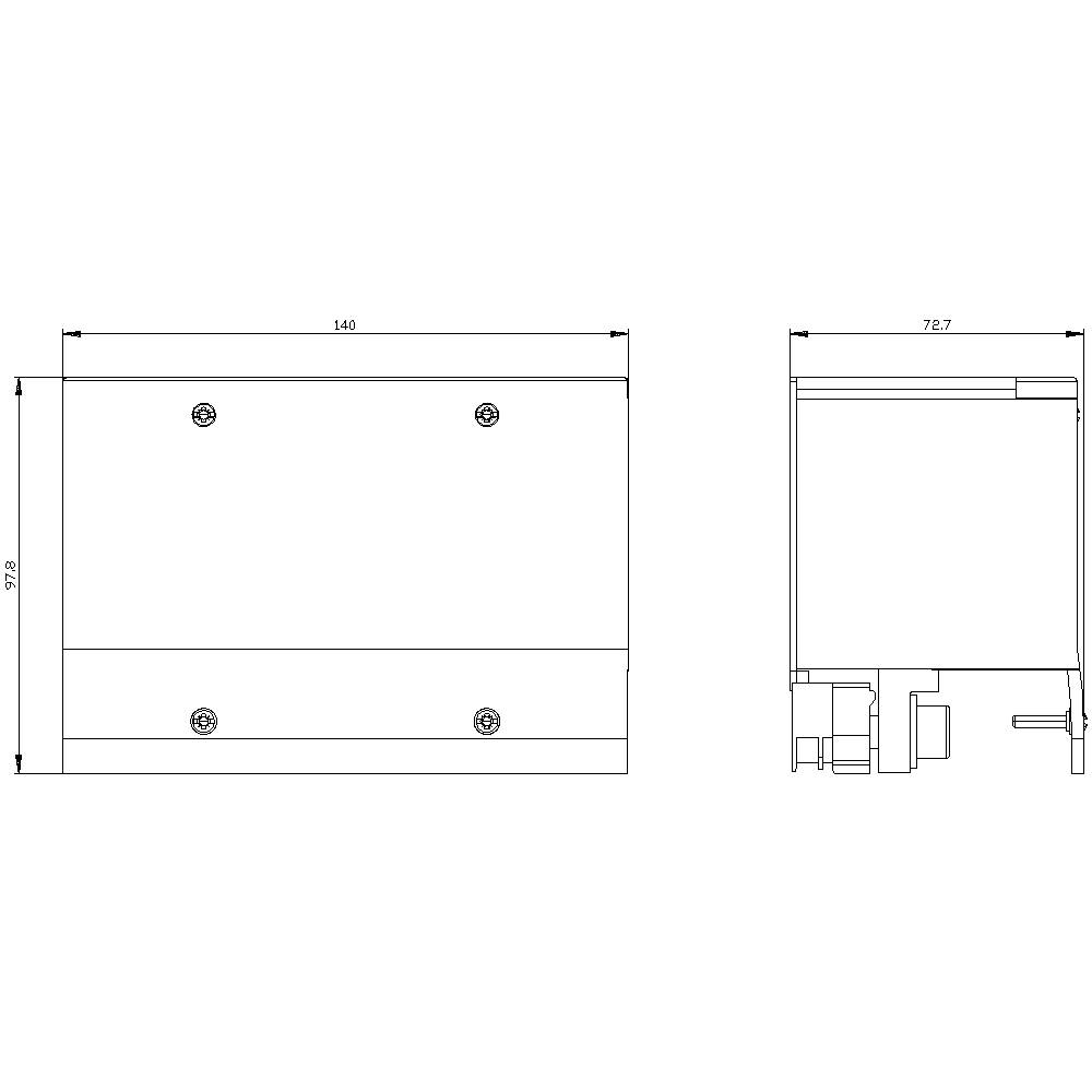 Technical drawing of a rectangular component with dimensions: width 140 mm, height 120 mm, depth 72.7 mm. Screw holes and connections visible.