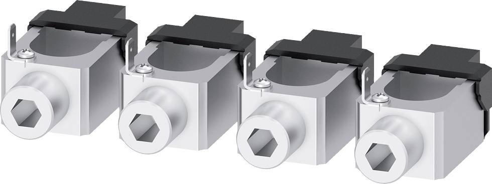 Metallic plugs with black end caps arranged in a row. They are suitable for electrical connections.