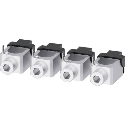 Metallic plugs with black end caps arranged in a row. They are suitable for electrical connections.