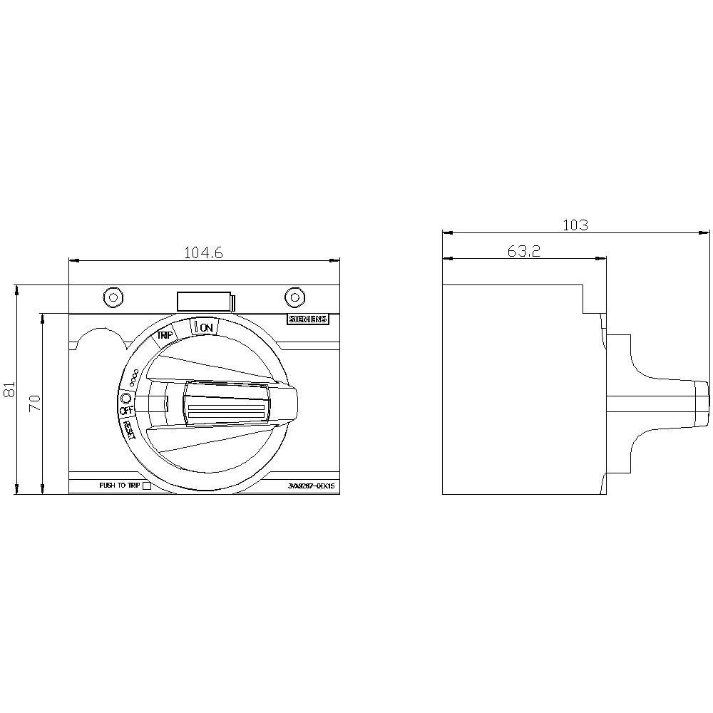 'Technical drawing of a switch: Front view shows dimensions 104.6 x 81 mm, side view 103 mm depth. Lever positions 'ON' and 'OFF' marked.'