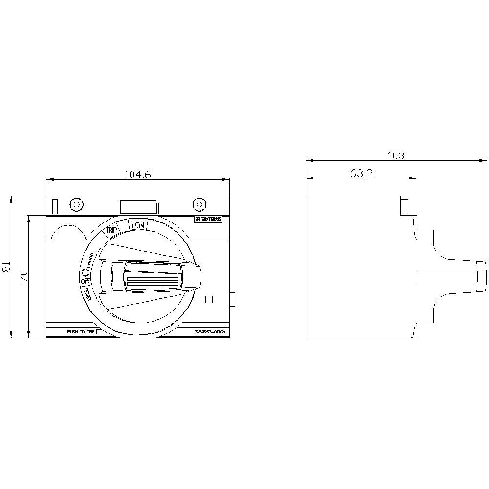 Technical drawing of a switch with detailed dimensions: 104.6 mm width, 81 mm height, and 63.2 mm depth.