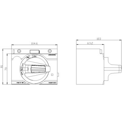 Technical drawing of a switch with detailed dimensions: 104.6 mm width, 81 mm height, and 63.2 mm depth.