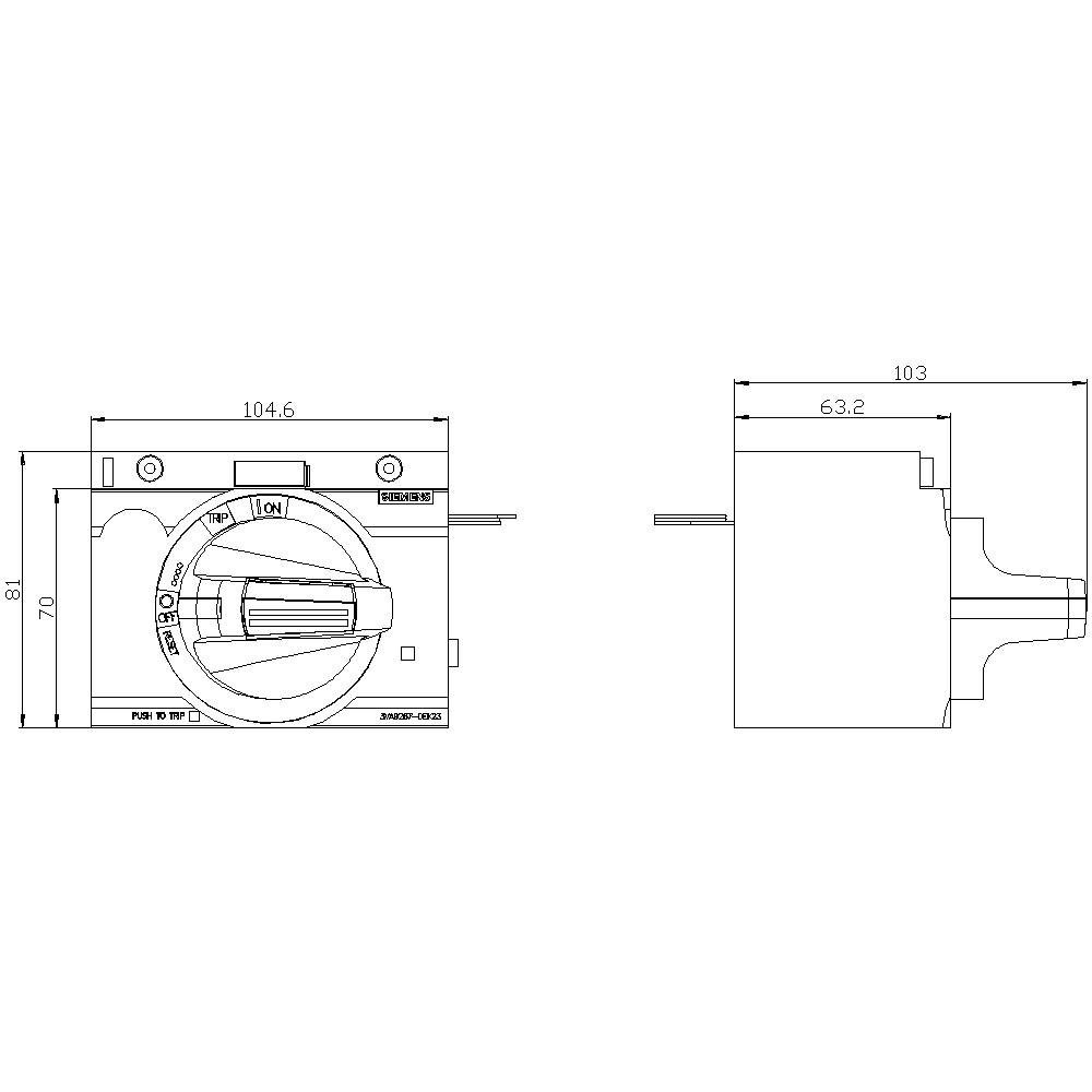 Technical drawing of a switch with dimensions: width 104.6 mm, height 70 mm, depth 63.2 mm. Shows front and side view.