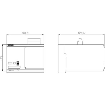 'Technical drawing of a device. Left: Front view with dimensions 104.6 mm x 75 mm. Right: Side view with dimension 129.6 mm.'
