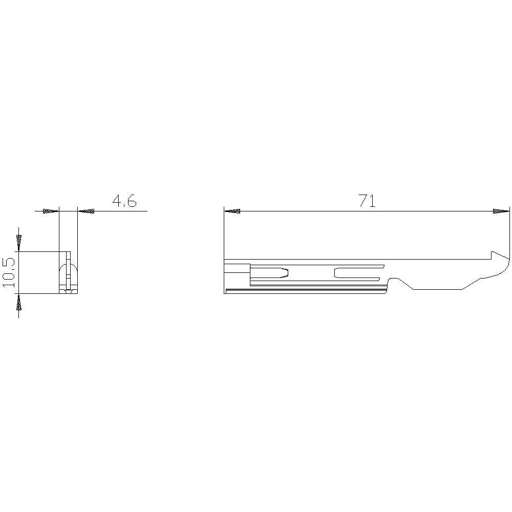 Technical drawing of a part with dimensions: Left 4.6 units wide, 10.5 units high. Right 71 units area.