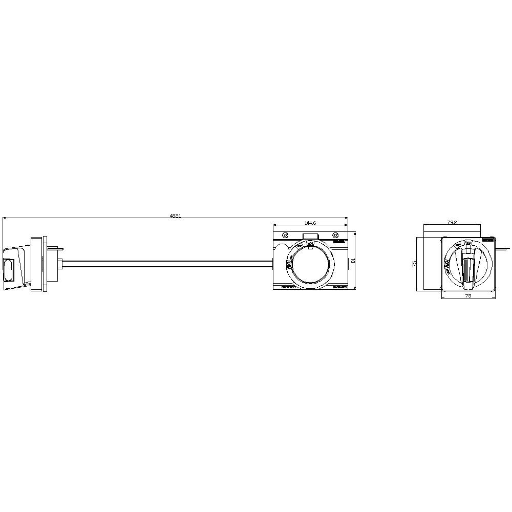 Technical drawing of a component with dimensions, consisting of two rectangular elements connected by a long rod.