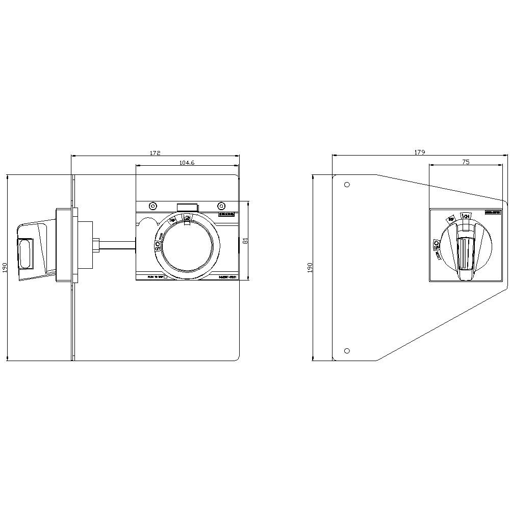 Technical drawing of a device with rotary switch and lever, side and front view; dimensions are specified in millimetres.