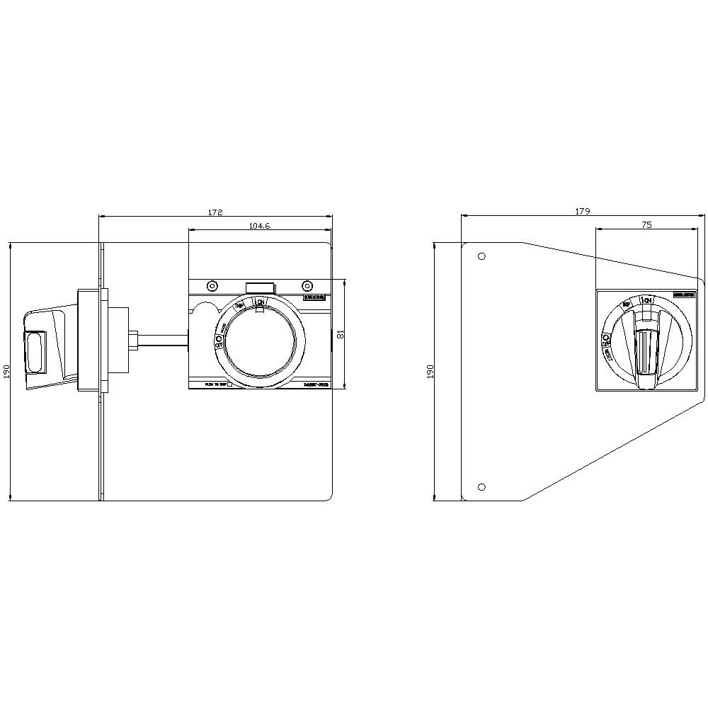 Technical drawing of a switch with dimensions: width 104.6 mm, height 172 mm. Side view shows recess and button.