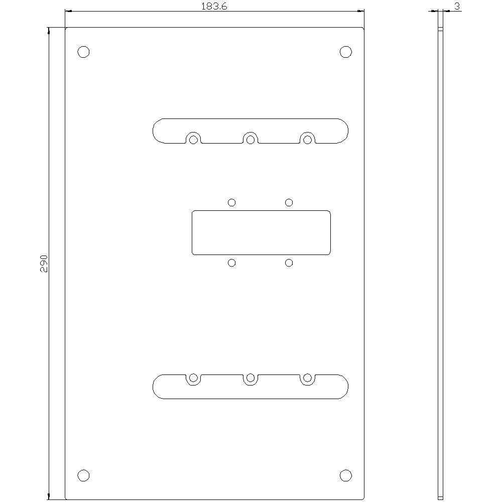 Technical drawing of a rectangular metal part with precise dimensions: 183.6 mm width, 290 mm height, 3 mm thickness. Perforations are symmetrically arranged.