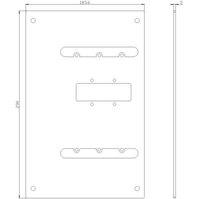 Technical drawing of a rectangular metal part with precise dimensions: 183.6 mm width, 290 mm height, 3 mm thickness. Perforations are symmetrically arranged.