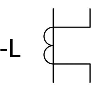 A simple electrical circuit symbol representing a capacitor layout, together with the letter 'L'.