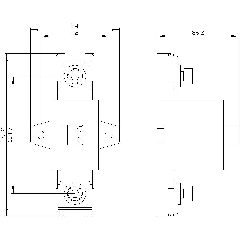 Technical drawing of an electrical component with dimensions: width 72 mm, height 124 mm, depth 86.2 mm. Side and front views shown.