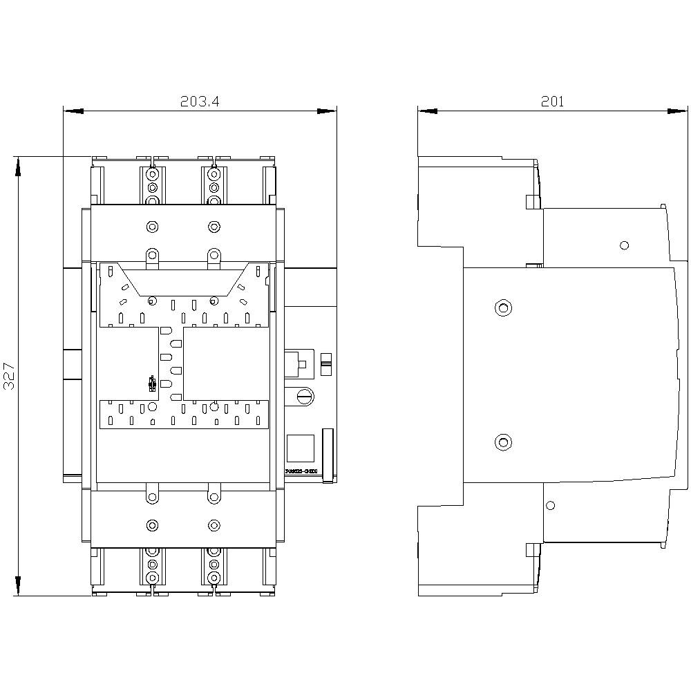Technical drawing of an electrical switch with dimensions: width 203.4, height 327 and depth 201. Various views.