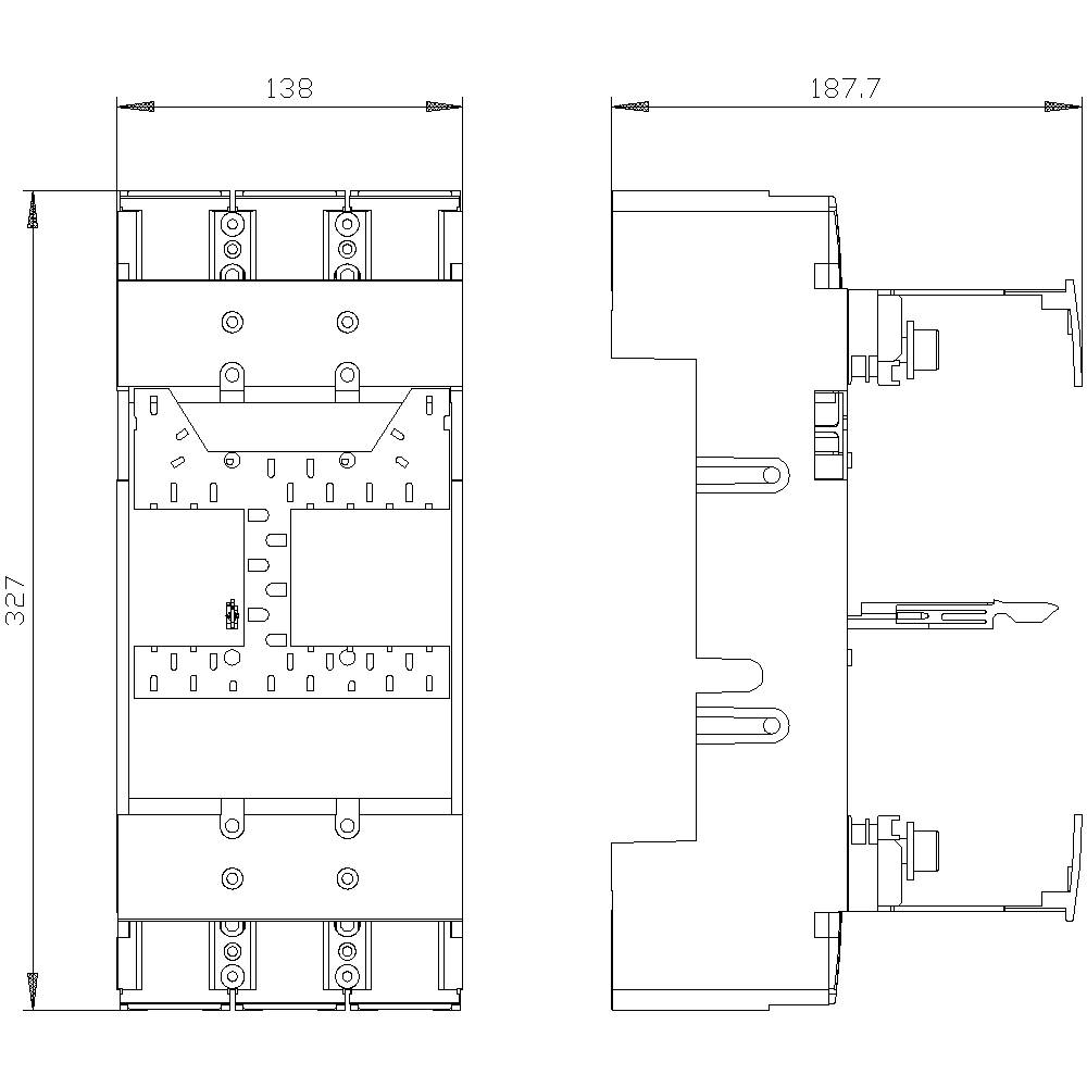 Technical drawing of a mechanical switch with side and front view. Dimensions are in millimetres: 138, 187.7, 327.