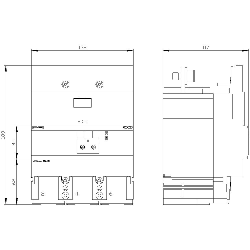 'Technical drawing of a three-phase circuit breaker in front and side view, with dimensions indicated in millimetres.'