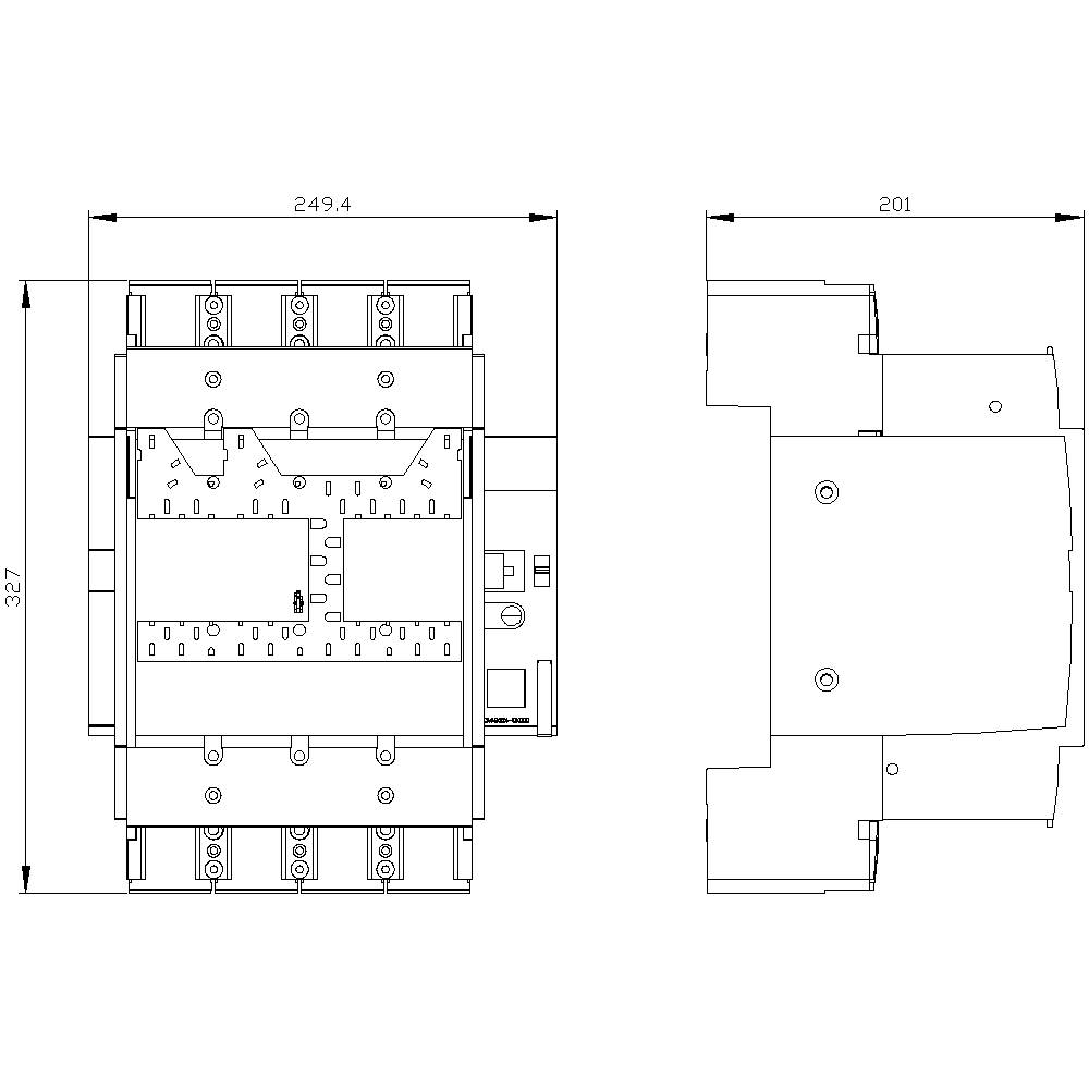 Technical drawing showing two views of a device with dimensional specifications: Front view displays five connections at the top, side view reveals housing details.