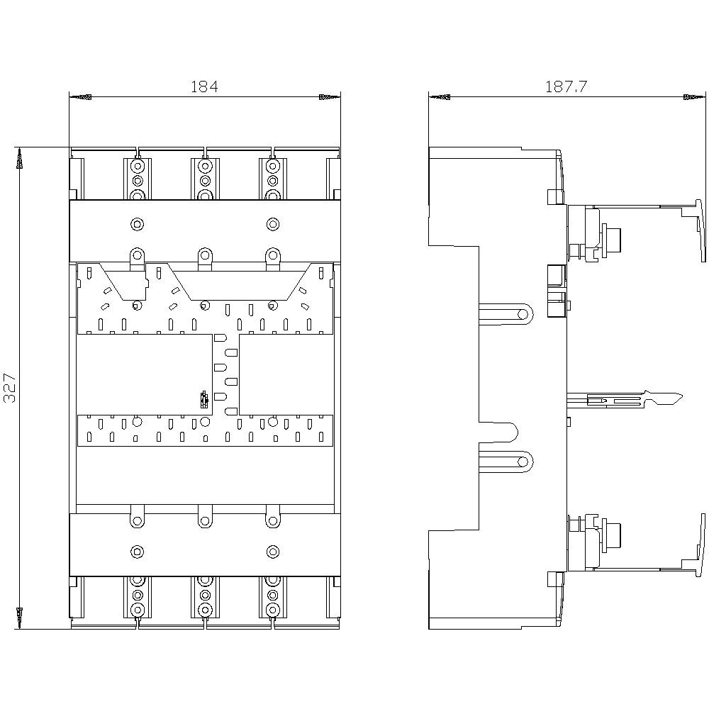 Technical drawing of an electrical switch with dimensions: width 184 and 187.7 mm, height 327 mm. Front and side view.