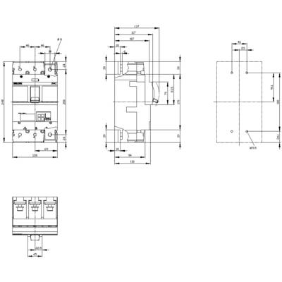 Technical drawing of an electrical component with dimensions, details, and connection diagram.