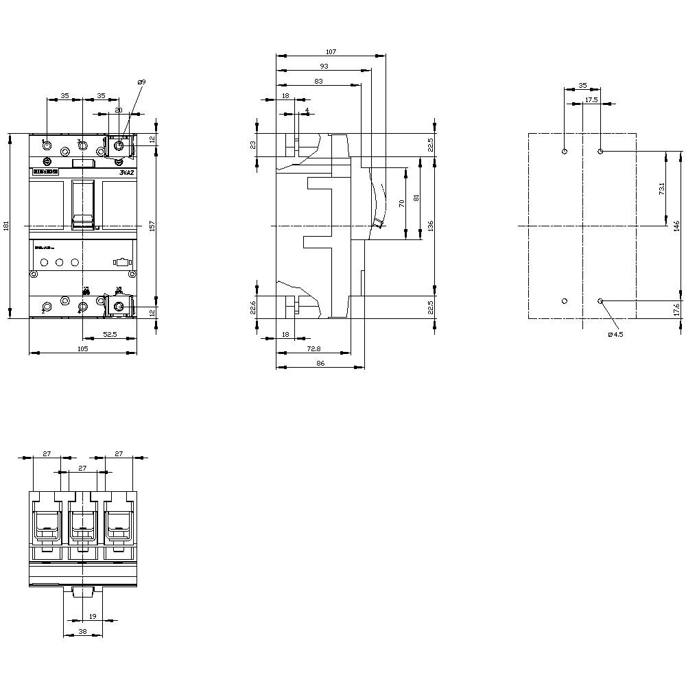 Technical drawing of an electrical component with multiple views and detailed dimensional measurements in millimetres.