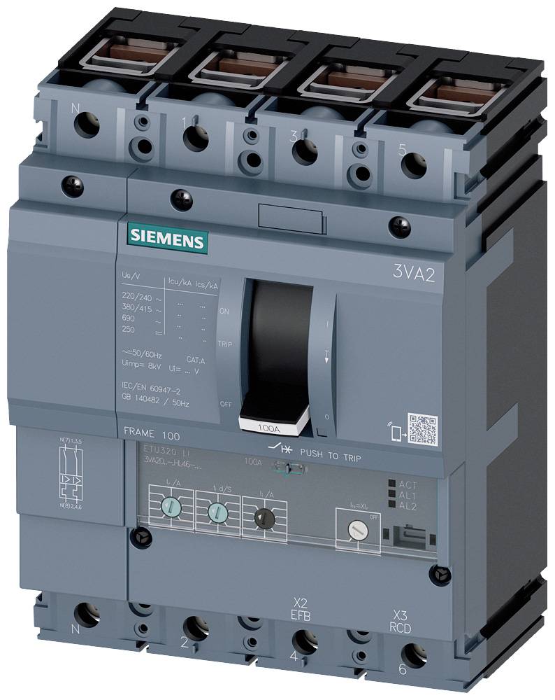 A Siemens electrical circuit breaker, model 3VA2, shown with various technical specifications and connections.