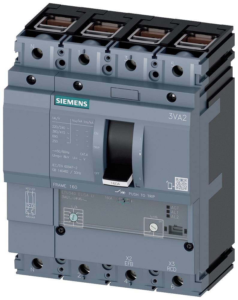 'Siemens 3VA2 Circuit Breaker', an electrical switching device in grey with operating controls and connections, for electrical circuit protection.
