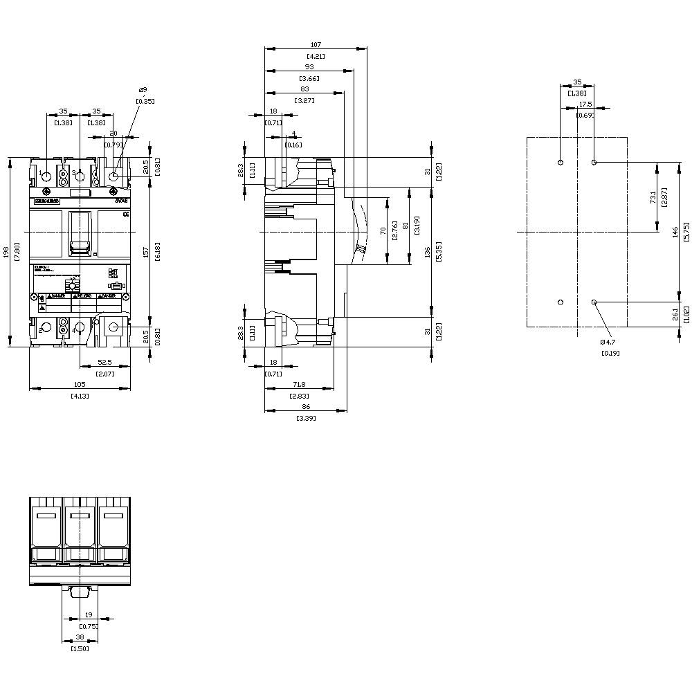Technical drawing of an electrical switch with dimensions. Shows front, top, and side views with precise measurements.