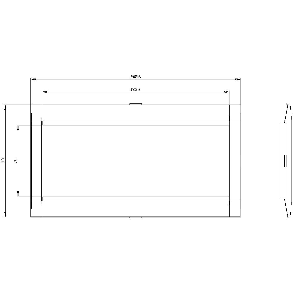 Technical drawing of a rectangular frame with dimensions: length 2056 mm, width 110 mm. Side view shows thickness of 70 mm.
