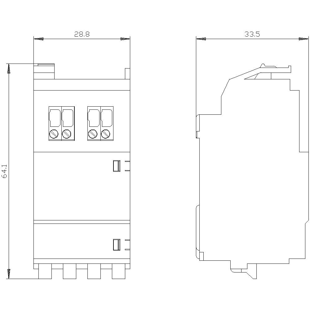 'Dimensional drawing of an electronic device with side and front views. Dimensions: width 33.5 mm, height 64.1 mm.'