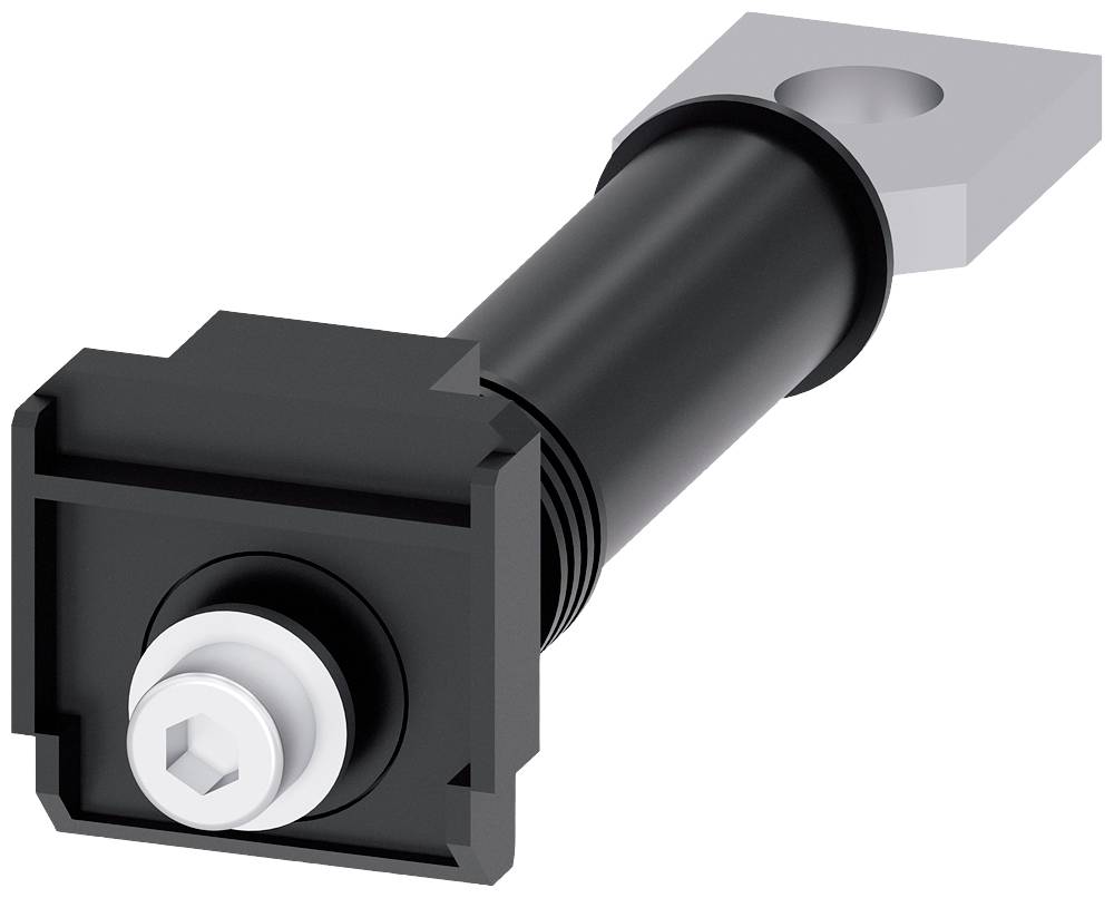 Black bolt screw with hexagonal nut and rectangular mounting bracket. Suitable for technical or mechanical applications.