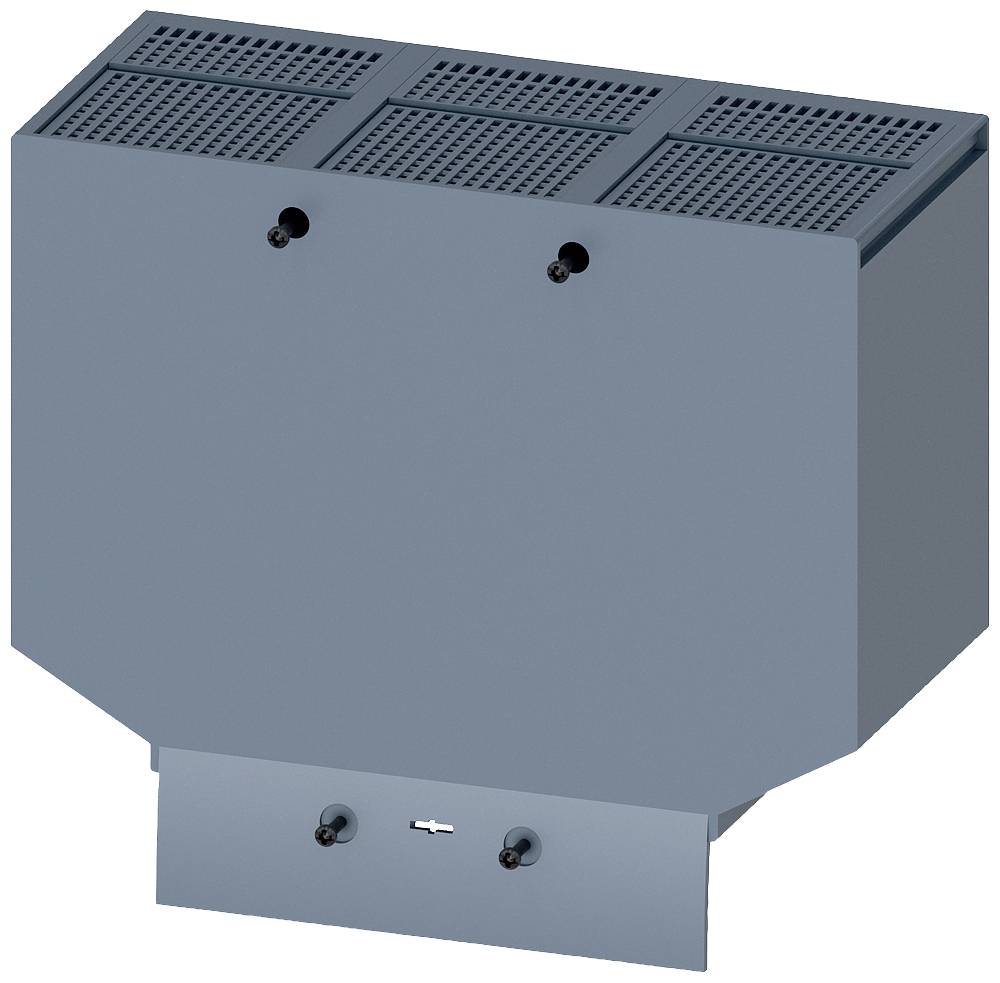 Rectangular metal ventilation cover with two screws at the front and a grille on top, used for ventilating equipment.