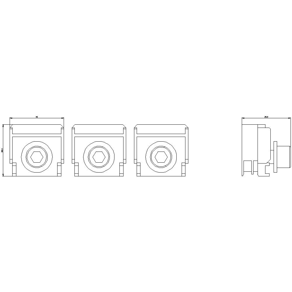Technical Drawing: Three views of a rectangular part with a hexagonal internal profile and lateral connection. Side dimensions specified.