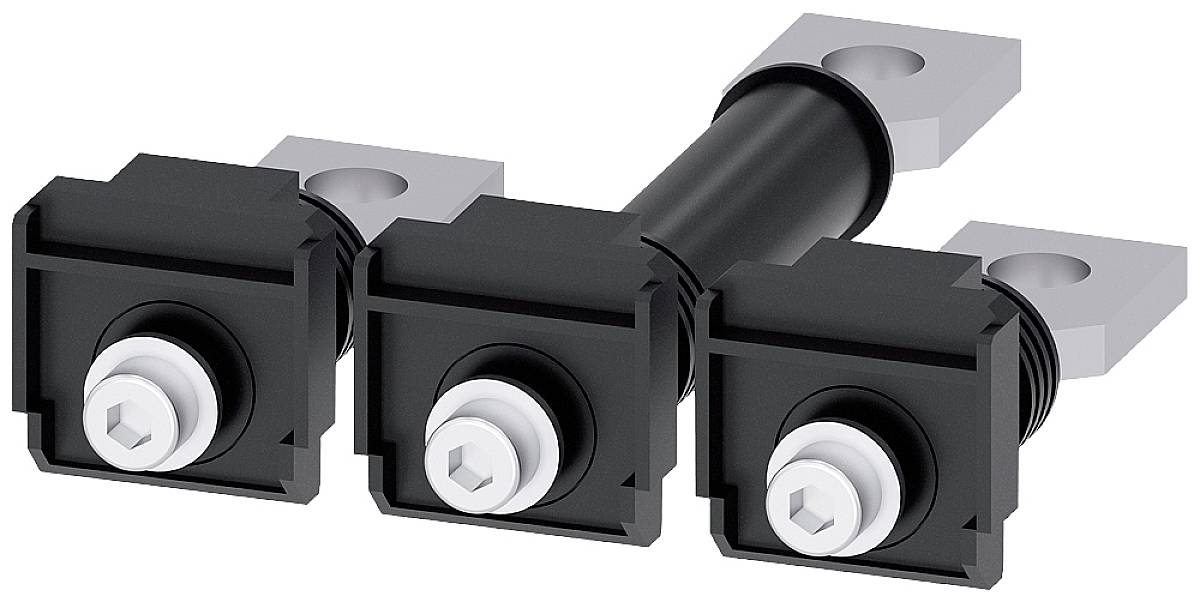 Three black electrical fuses, arranged horizontally, with metal connections at each end, against a white background.