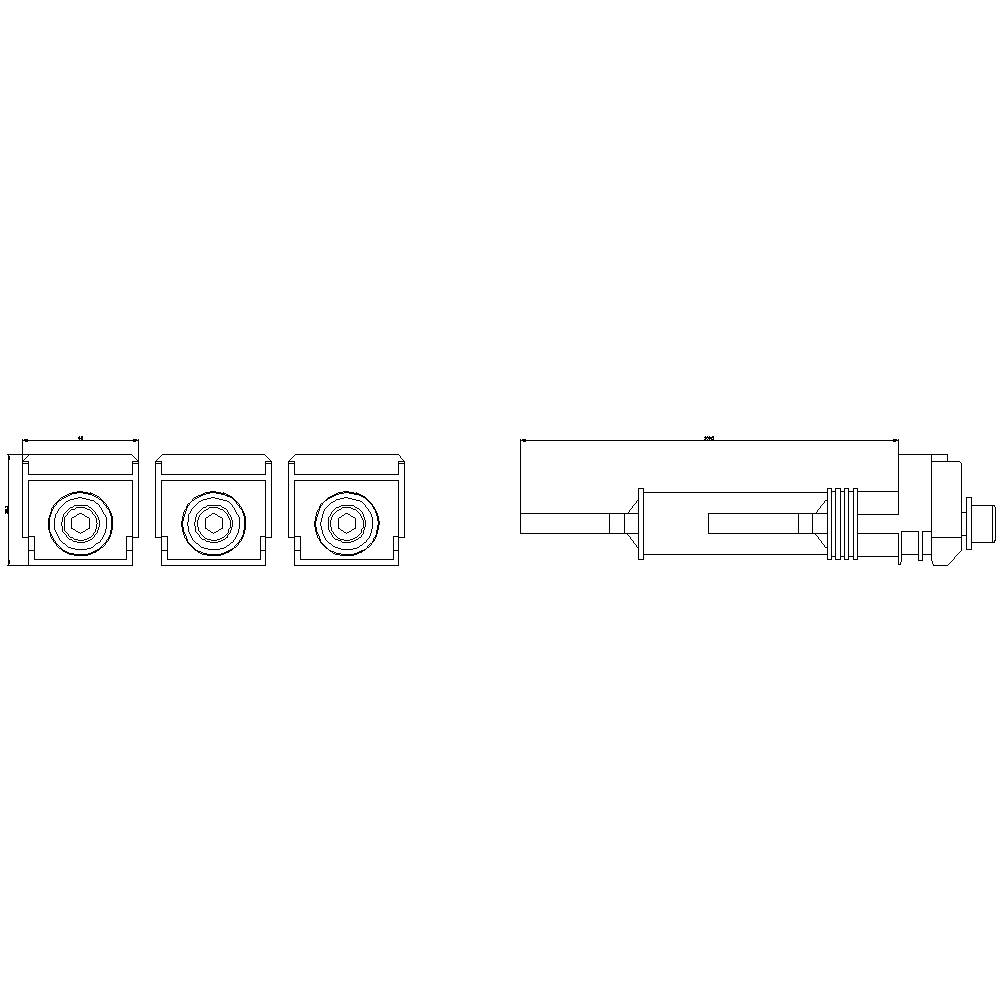 Technical Drawing: Horizontal View of Four Rectangular Components. On the Left, Three Identical Small Units, on the Right, a Longer Element.
