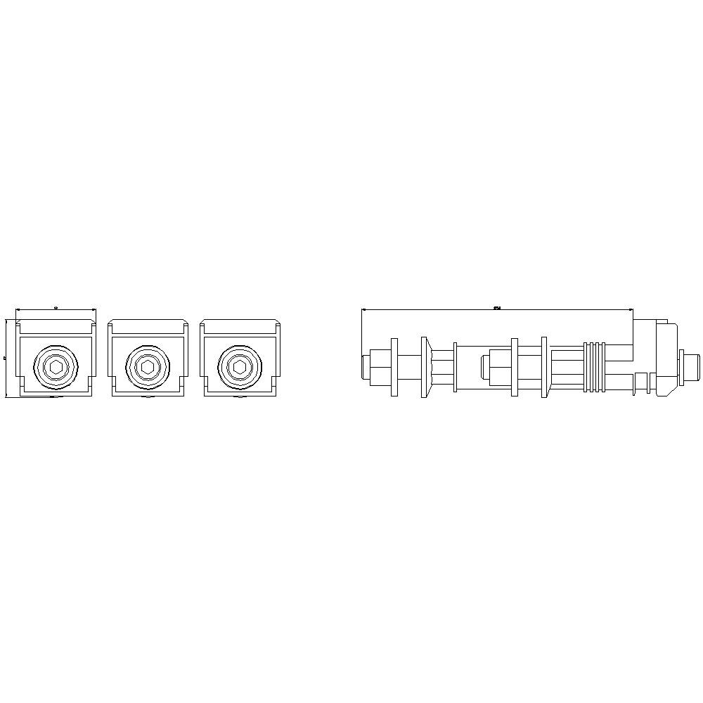 Technical drawing showing the front view of four cubic objects, followed by a side view of a cylindrical object.
