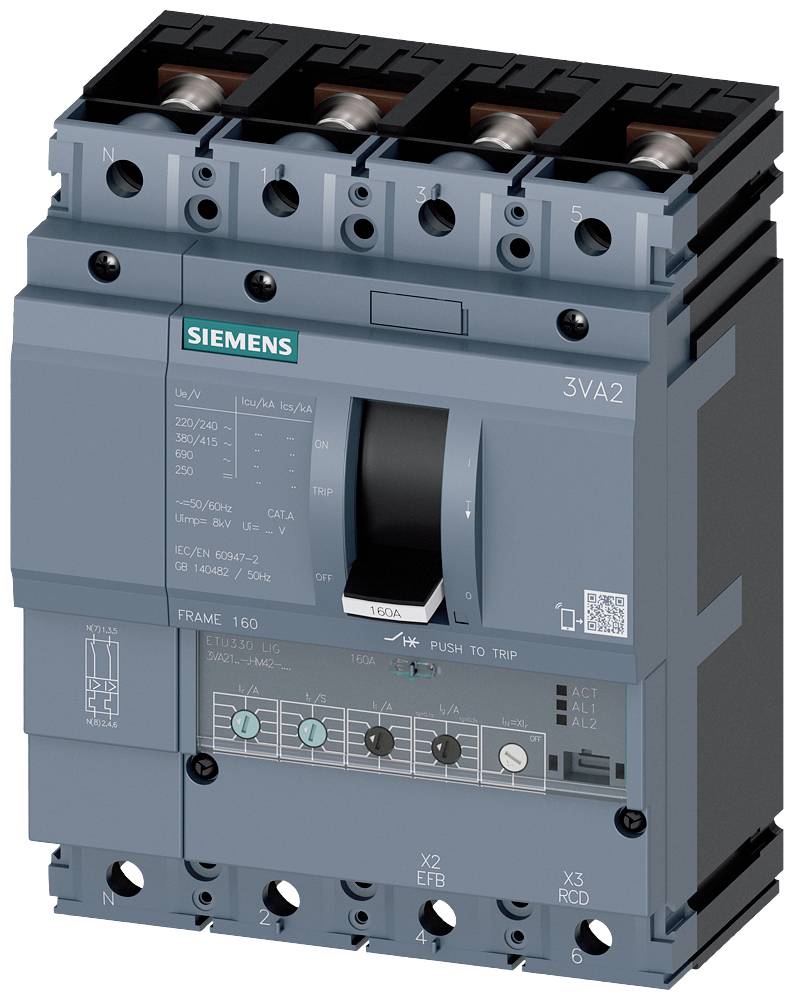 'Siemens circuit breaker, model 3VA2, grey and black. Main switch with technical labelling and connections at the top and bottom.'