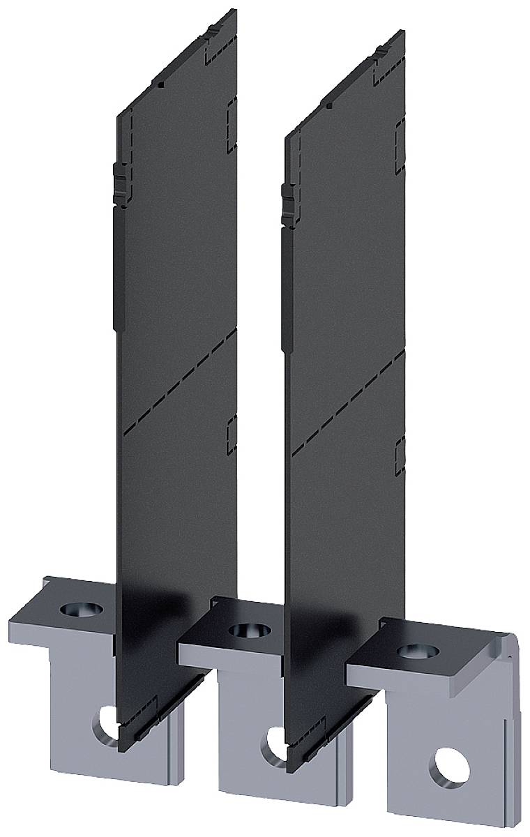 Two black, elongated metal strips vertically mounted on two silver plinths.
