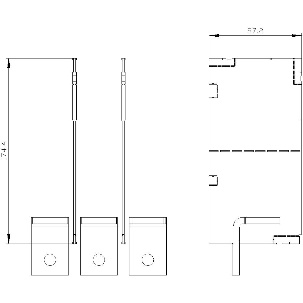 Technical drawing shows the front and side view of a rectangular object with dimensions. Height 174.4 and width 87.2.