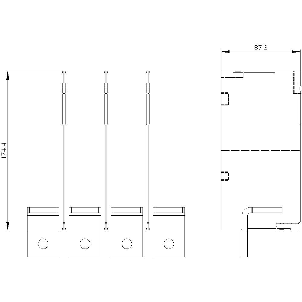 Technical drawing showing states of rest and top view of an object with dimensional specifications. Left side depicts four identical objects in series.