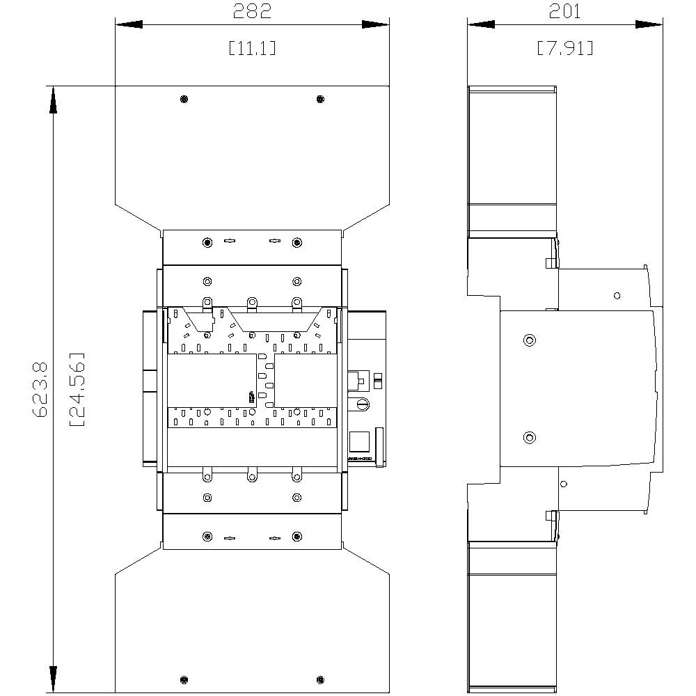 Technical drawing of a mechanical component with dimensions: 282 mm width, 623.8 mm height, 201 mm depth. Front and side views.