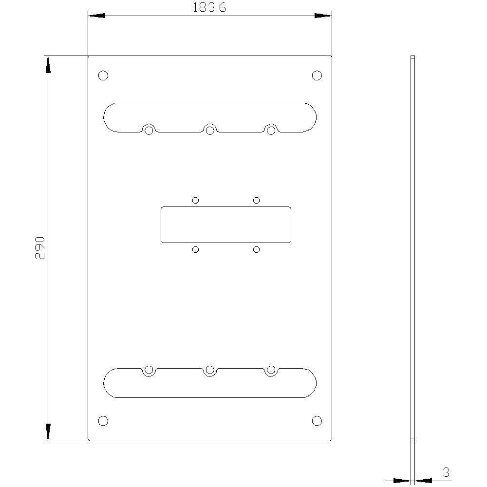 Technical drawing of a rectangular plate with dimensions: 290 mm height, 183.6 mm width, 3 mm thickness. Contains multiple holes.