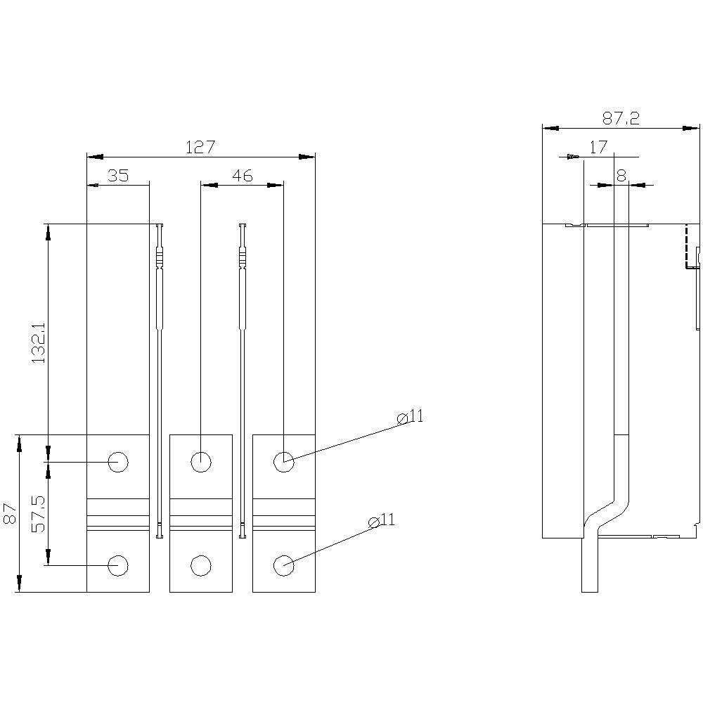 Technical drawing of an electrical component with detailed dimensional specifications in millimetres. Shows front and side views.