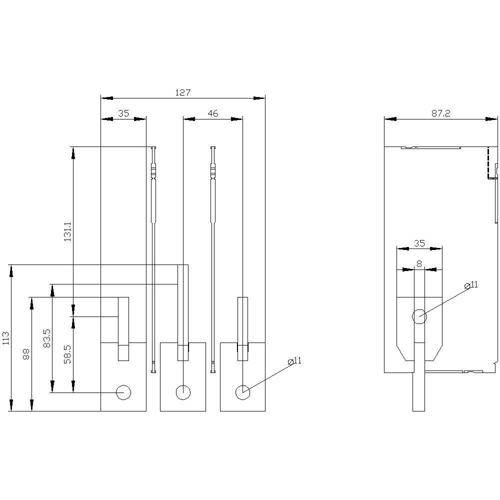 Technical drawing of a mechanical component with multiple dimensions. Shows detailed front and side views with length and distance annotations.