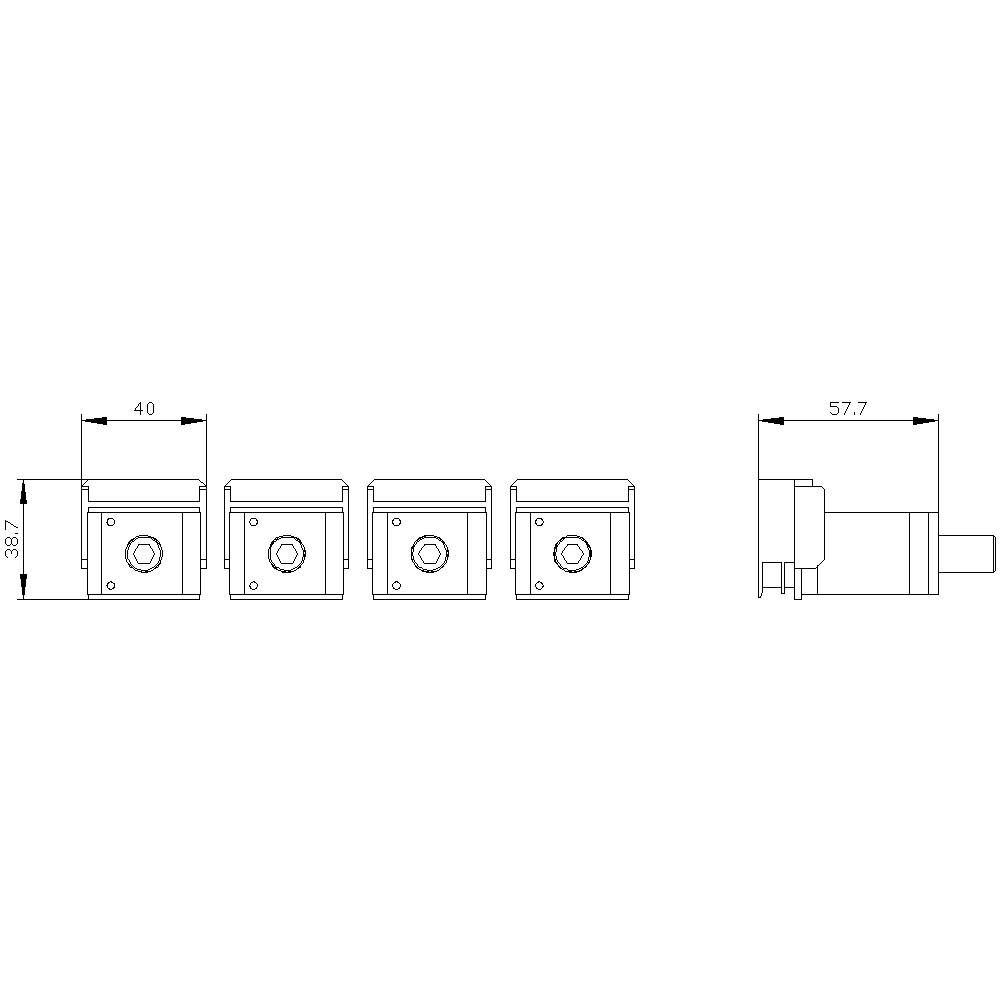 Technical drawing of four identical rectangular components side by side, with a side profile and dimensional measurements in millimetres.