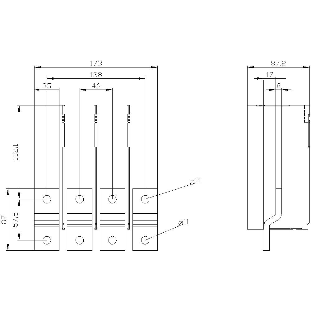 Technical drawing of an electrical connection diagram with dimensions for width, height, and spacing of the elements.