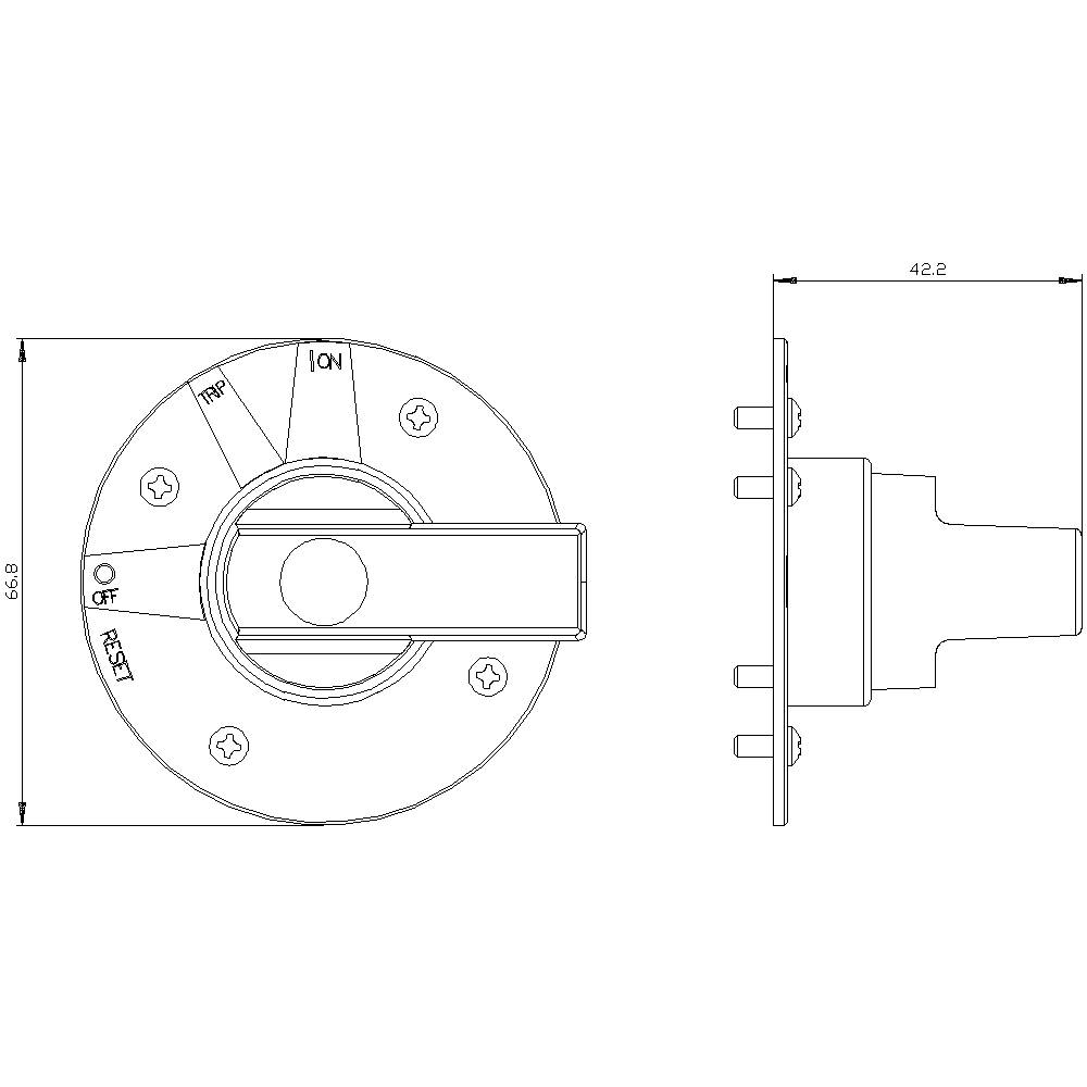 'Technical drawing of a round switch with handle. Markings: OFF, TRIP, ON, RESET. Dimensions: Diameter 87.8 mm, Depth 42.2 mm.'